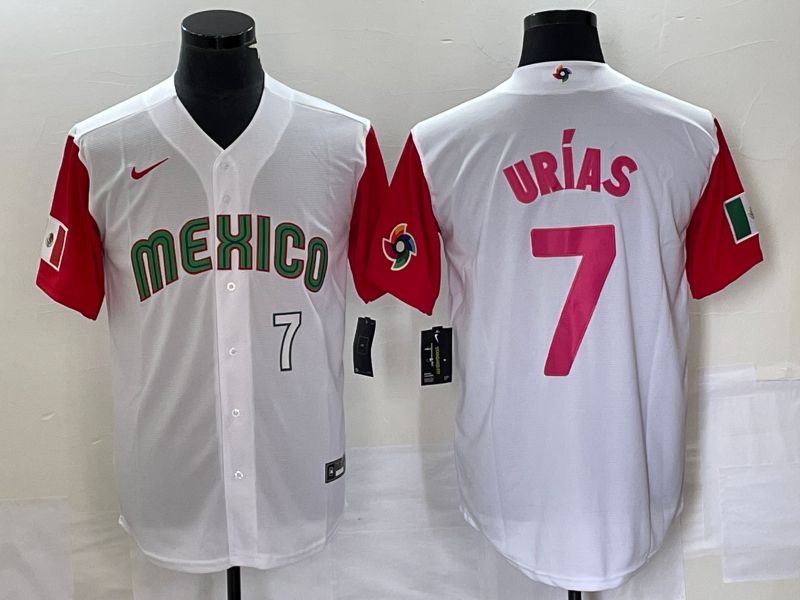 Men 2023 World Cub Mexico 7 Urias White pink Nike MLB Jersey19